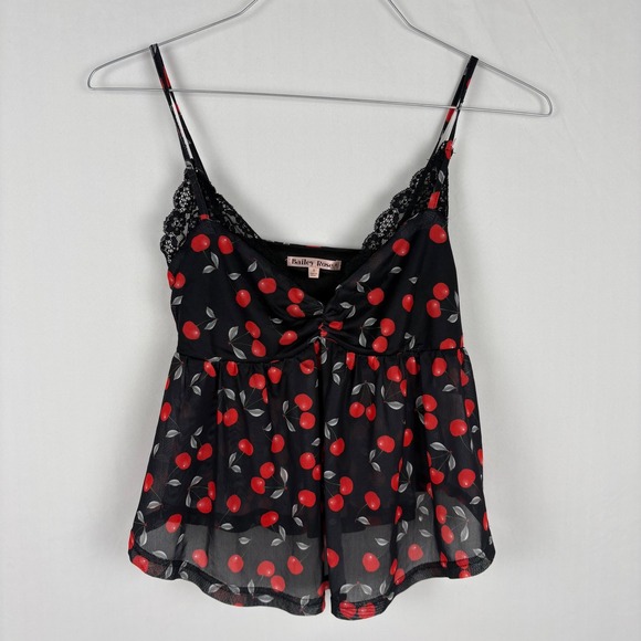 Bailey Rose Womens Cherry Print Cami Top Black Lace Trim Sweetheart Neckline S‎ - Picture 5 of 9